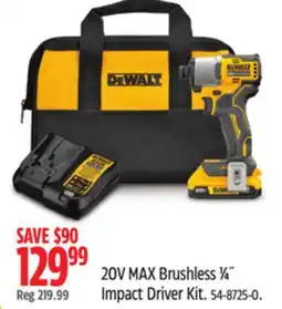 Canadian Tire Dewalt 20V MAX Brushless 1⁄4˝ Impact Driver Kit offer