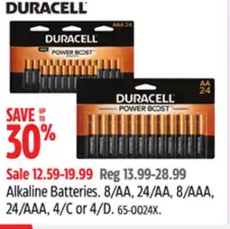 Canadian Tire Duracell Alkaline Batteries. 8/AA, 24/AA, 8/AAA, 24/AAA, 4/C or 4/D offer