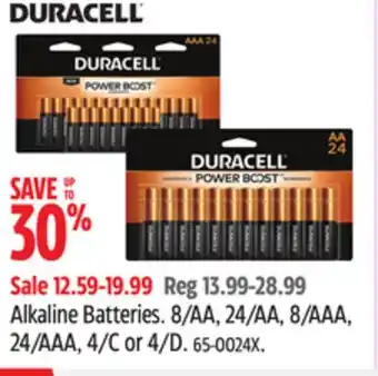 Canadian Tire Duracell Alkaline Batteries. 8/AA, 24/AA, 8/AAA, 24/AAA, 4/C or 4/D offer
