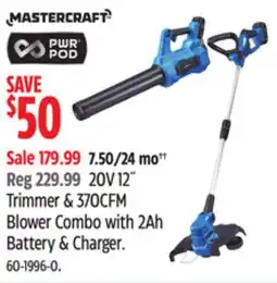 Canadian Tire Mastercraft 20V PWR POD 12 String Trimmer and 370CFM Blower Combo Kit, with 2.0Ah Battery & Charger offer