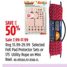 Canadian Tire certified Selected Felt Pad Protector Sets or 175´ Utility Rope on Mini Reel offer