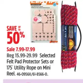 Canadian Tire certified Selected Felt Pad Protector Sets or 175´ Utility Rope on Mini Reel offer