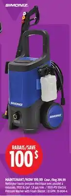 Canadian Tire Simoniz 1950-PSI Electric Pressure Washer with Foam Blaster offer