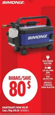 Canadian Tire SIMONIZ 1750 PSI 1.8 GPM Wheeled Electric Pressure Washer with Foam Blaster offer