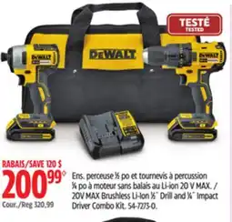 Canadian Tire DEWALT 20V MAX Brushless Li-Ion 1⁄2˝ Drill and 1⁄4˝ Impact Driver Combo Kit offer