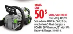 Canadian Tire EGO POWER+ 56V Chainsaw, 16' with 5Ah Battery & Charger offer