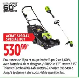 Canadian Tire Greenworks 2-in-1 60V 4Ah Battery, Cordless Push Lawn Mower + String Trimmer, 17-in + 13-in offer