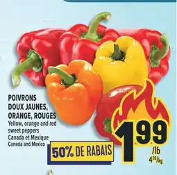Marché Adonis POIVRONS DOUX JAUNES, ORANGE, ROUGES | Yellow, orange and red sweet peppers offer