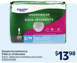 Walmart Equate Incontinence Pads or Underwear offer
