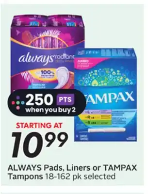 Sobeys ALWAYS Pads, Liners or TAMPAX Tampons offer