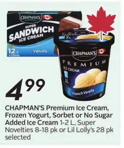Sobeys CHAPMAN'S Premium Ice Cream, Frozen Yogurt, Sorbet or No Sugar Added Ice Cream offer