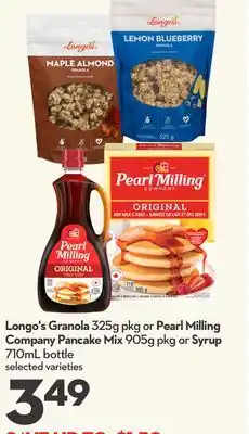 Longo's Granola 325g pkg or Pancake Mix 905g pkg or Syrup 710mL bottle offer