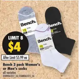 Fortinos BENCH 3 PACK WOMEN'S OR MEN'S SOCKS offer