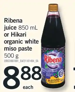 Fortinos RIBENA JUICE, 850 ML OR HIKARI ORGANIC WHITE MISO PASTE, 500 G offer