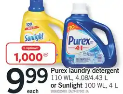 Fortinos PUREX LAUNDRY DETERGENT 110 WL, 4.08/4.43 L OR SUNLIGHT 100 WL, 4 L offer