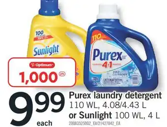Fortinos PUREX LAUNDRY DETERGENT 110 WL, 4.08/4.43 L OR SUNLIGHT 100 WL, 4 L offer