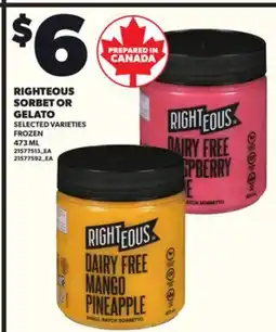 Loblaws RIGHTEOUS SORBET OR GELATO, 473 ML offer