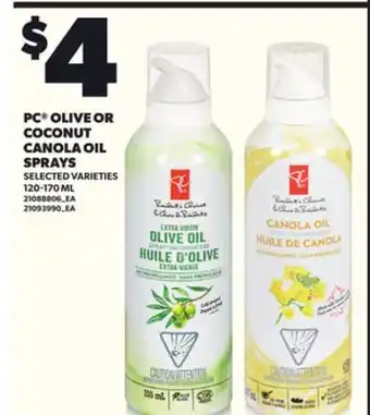 Loblaws PC OLIVE OR COCONUT CANOLA OIL SPRAYS, 120-170 ML offer