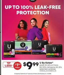 Loblaws U BY KOTEX PADS 22-48'S OR LINERS 80-129'S, TAMPONS 30-32'S offer