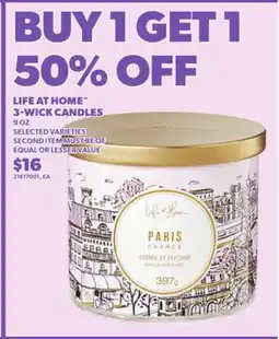 Loblaws LIFE AT HOME 3-WICK CANDLES, 9 OZ offer