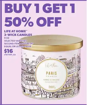 Loblaws LIFE AT HOME 3-WICK CANDLES, 9 OZ offer