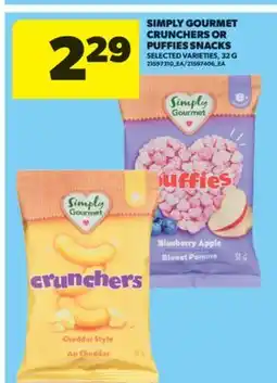 Real Canadian Superstore SIMPLY GOURMET CRUNCHERS OR PUFFIES SNACKS, 32 G offer