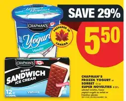 No Frills CHAPMAN'S FROZEN YOGURT or SORBET, 2 L or SUPER NOVELTIES, 8-20's offer
