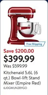 Walmart Kitchenaid 5.6L (6 qt.) Bowl-lift Stand Mixer (Empire Red) offer