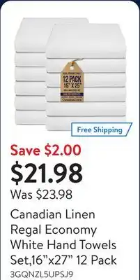 Walmart Canadian Linen Regal Economy White Hand Towels Set,16x27 12 Pack offer