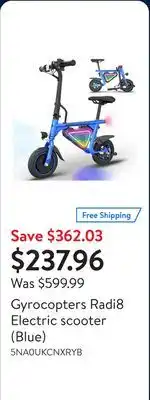 Walmart Gyrocopters Radi8 Electric scooter (Blue) offer