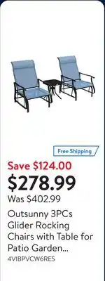 Walmart Outsunny 3PCs Glider Rocking Chairs with Table for Patio Garden Light Blue offer
