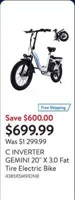 Walmart C INVERTER GEMINI 20 X 3.0 Fat Tire Electric Bike offer