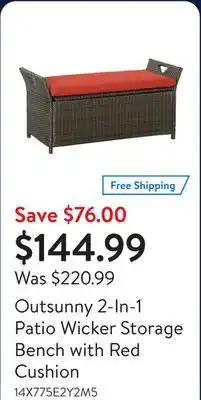 Walmart Outsunny 2-In-1 Patio Wicker Storage Bench with Red Cushion offer
