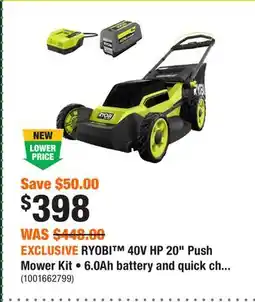 Home Depot EXCLUSIVE RYOBI 40V HP 20 Push Mower Kit • 6.0Ah battery and quick charger offer