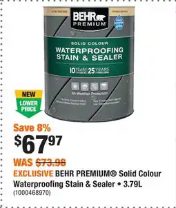 Home Depot EXCLUSIVE BEHR PREMIUM Solid Colour Waterproofing Stain & Sealer • 3.79L offer