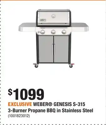 Home Depot EXCLUSIVE WEBER GENESIS S-315 3-Burner Propane BBQ in Stainless Steel offer