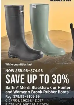 Cabela's Baffin Men's Blackhawk or Hunter and Women's Brook Rubber Boots offer