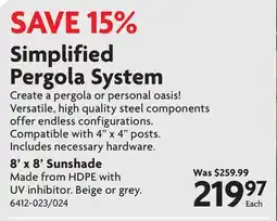 Home Hardware 8' x 8' Sunshade Simplified Pergola System offer