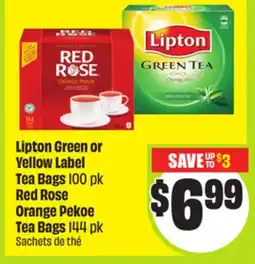 FreshCo Lipton Green or Yellow Label Tea Bags 100 pk Red Rose Orange Pekoe Tea Bags 144 pk offer