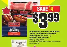 FreshCo Schneiders Bacon, Bologna, Juicy Jumbos or Smoked Sausages 100-500g Maple Leaf Bacon 375g offer
