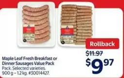 Walmart Maple leaf fresh breakfast or dinner sausages offer