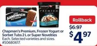 Walmart Chapman's Premium, Frozen Yogurt or Sorbet Tubs or Super Novelties offer
