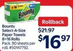 Walmart Bounty select-a-size paper towels 8-16 rolls offer