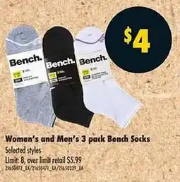 No Frills Women's and men's 3 pack bench socks offer