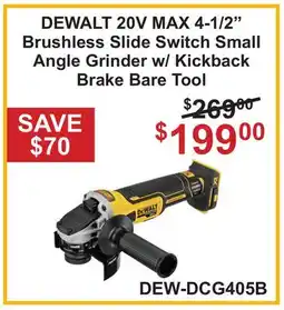 Atlas Tools & Machinery DEWALT 20V MAX 4-1/2 Brushless Slide Switch Small Angle Grinder w/ Kickback Brake Bare Tool offer
