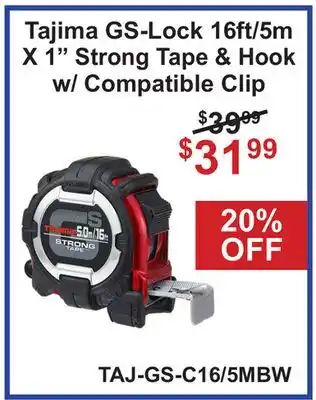 Atlas Tools & Machinery Tajima GS-Lock 16ft/5m X 1 Strong Tape & Hook w/ Compatible Clip offer