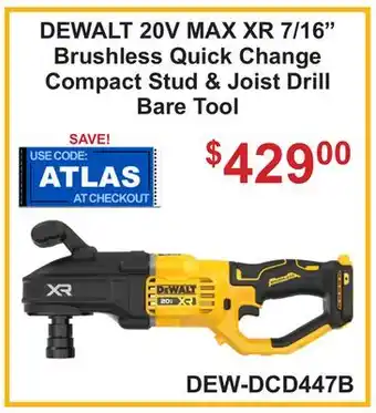 Atlas Tools & Machinery DEWALT 20V MAX XR 7/16 Brushless Quick Change Compact Stud & Joist Drill Bare Tool offer