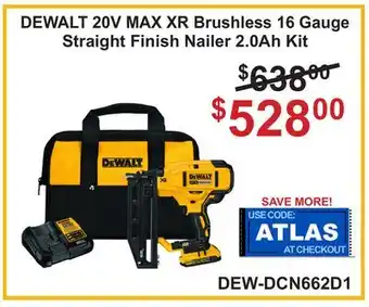 Atlas Tools & Machinery DEWALT 20V MAX XR Brushless 16 Gauge Straight Finish Nailer 2.0Ah Kit offer