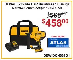 Atlas Tools & Machinery DEWALT 20V MAX XR Brushless 18 Gauge Narrow Crown Stapler 2.0Ah Kit offer