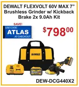 Atlas Tools & Machinery DEWALT FLEXVOLT 60V MAX 7 Brushless Grinder w/ Kickback Brake 2x 9.0Ah Kit offer